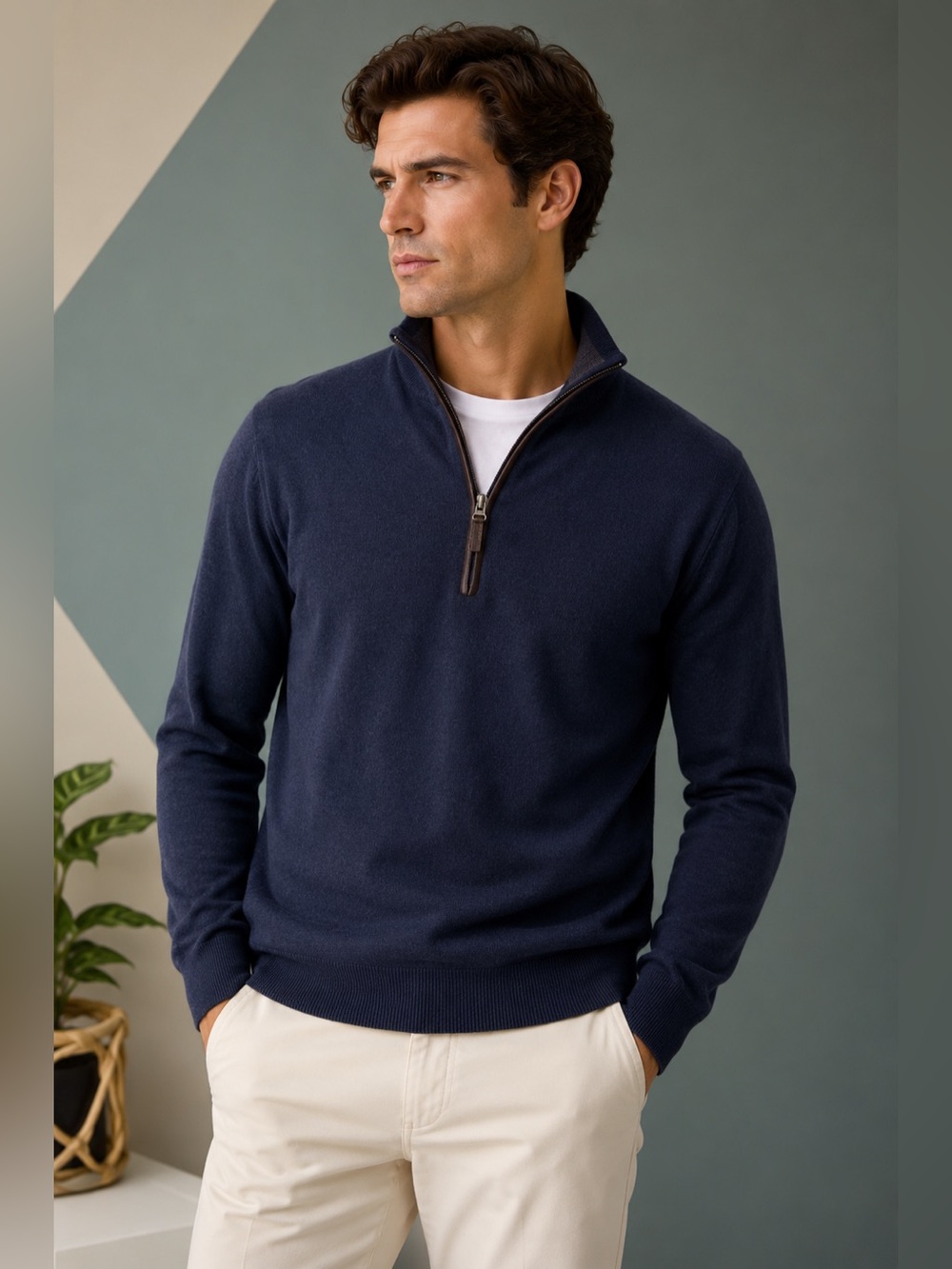 Men’s Filippo Riberti 1/4 ZIP Cashmere Wool Blend Golf Sweater Italy Made Navy L